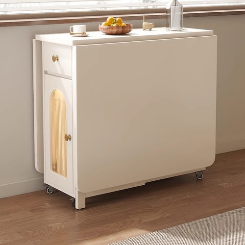 奶油风实木折叠餐桌组合家用小户型饭桌可移动多功能收纳吃饭桌子