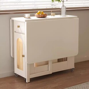 奶油风实木岩板餐桌可折叠移动家用伸缩多功能长方形小饭桌