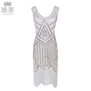 热卖欧美外贸高档亚马逊亮片礼服演出服1920复古连衣裙复古刺绣