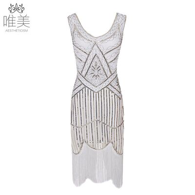 热卖欧美外贸高档亚马逊亮片礼服演出服1920复古连衣裙复古刺绣