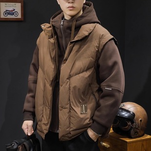 HS连帽羽绒服男冬季2024新款鸭绒工装三合一卫衣拼接大码外套衣服