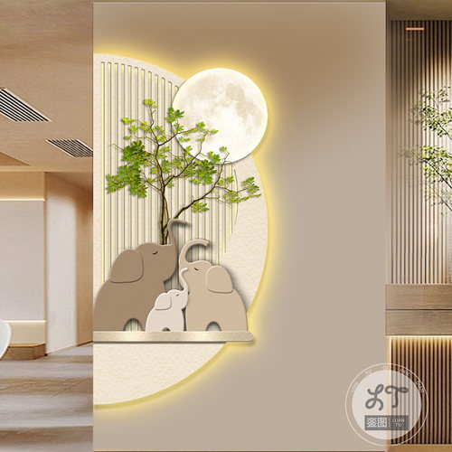 玄关装饰画进门正对门墙画大象绿植月球灯画客厅走廊过道LED灯画