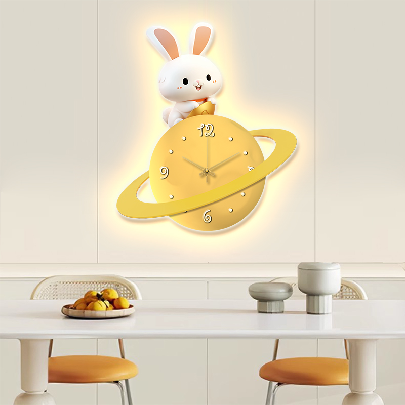 北欧卡通卧室床头装饰画儿童房间墙画带灯发光画现代简约星球兔画