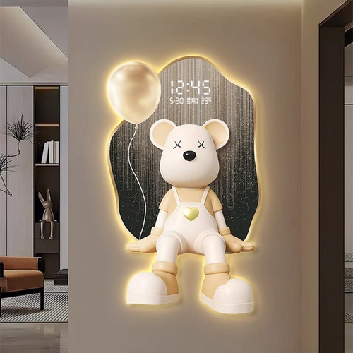 奶油风艺术暴力熊数显时钟装饰画