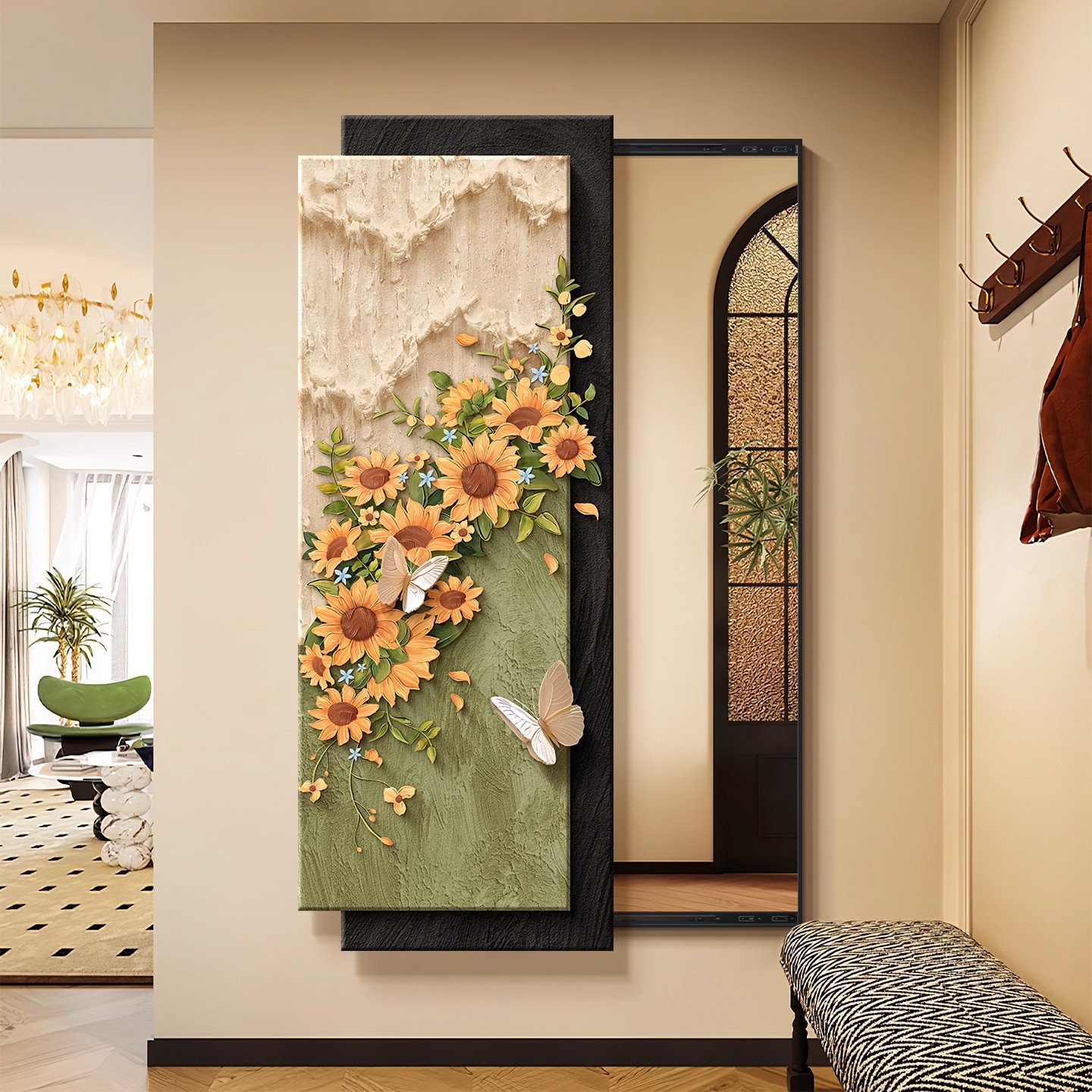 中古风穿衣镜隐藏暗藏式全身镜子向日葵花卉推拉玄关装饰画高级感
