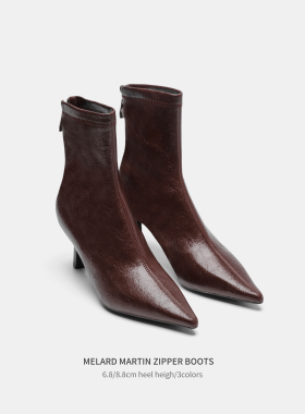 Cihi牛皮短靴女士肌理感荔枝纹尖头高跟瘦瘦靴冬季加绒保暖马丁靴