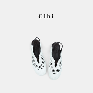 新款 Cihi設計女鞋 羊皮平底法式 復古夏季 編織網面包頭一腳蹬單鞋