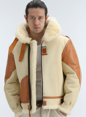 RM款B3轰炸机夹克 B6羊皮毛一体咔叽皮衣外套非the real mccoy's