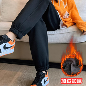 加绒运动裤女灰色秋冬季宽松束脚保暖棉裤外穿加长加厚卫裤休闲裤