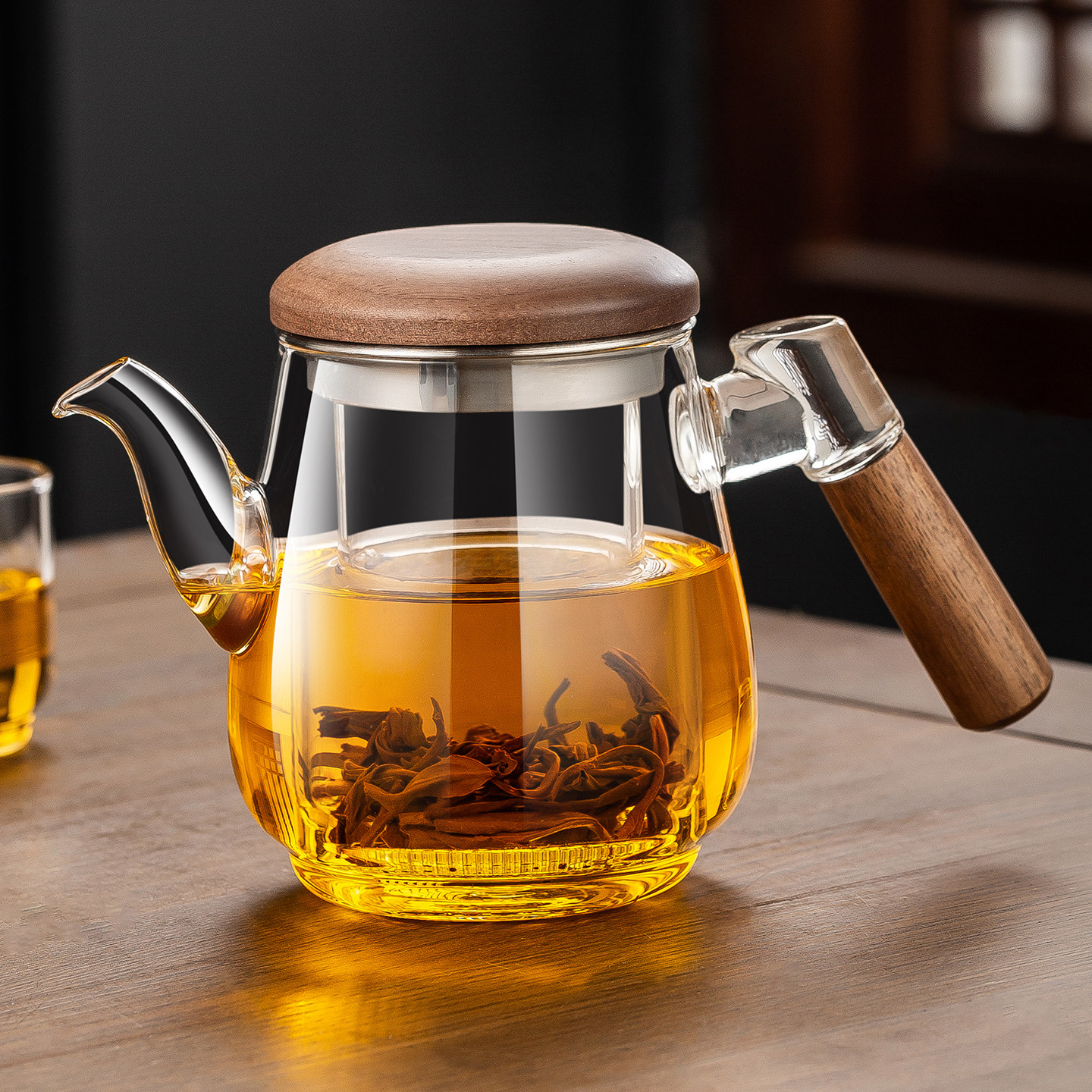 加厚泡茶杯玻璃茶水分离杯过滤耐高温侧把家用冲花茶杯胡桃木茶具