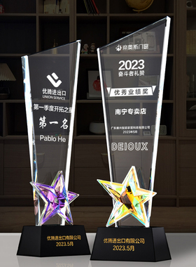 创意水晶奖杯定制蓝色五角星高档大气员工年会荣誉团队季度销冠
