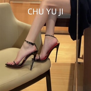 极简超细一字带高跟鞋系带性感腕带细跟床红底凉鞋