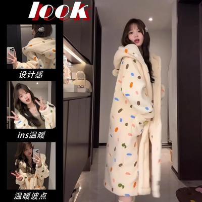 冬季加厚珊瑚绒连帽睡袍可外穿