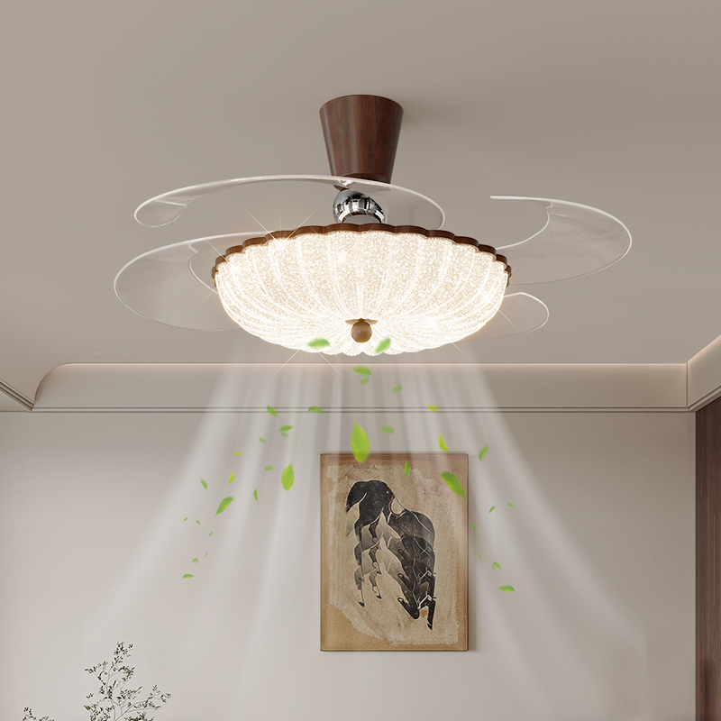 万科隐形吊扇灯中古饭厅吊扇灯2025新款覆古胡桃木色极简卧室灯具