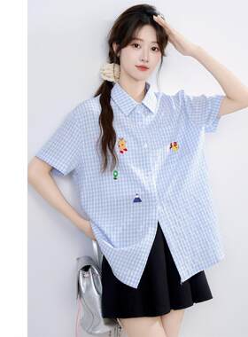 韩国chic刺格子短袖衬衫