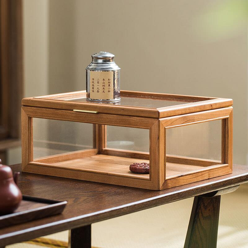 桌面茶具收纳盒子黑胡桃木茶杯茶具架钢化玻璃收纳柜实木质整理柜