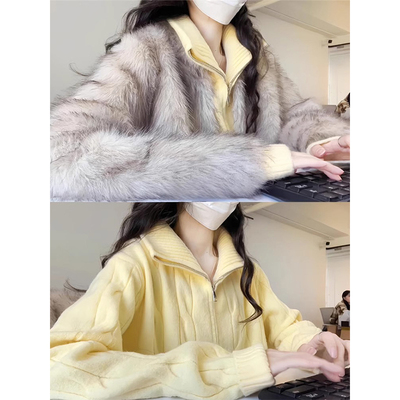 奶黄色超好看翻领加厚毛衣开衫