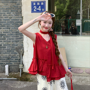 上衣 红色飘带挂脖v领无袖 衬衫 女夏季 甜美减龄不规则荷叶边娃娃衫