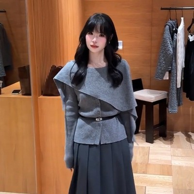 气质收腰灰色针织衫上衣