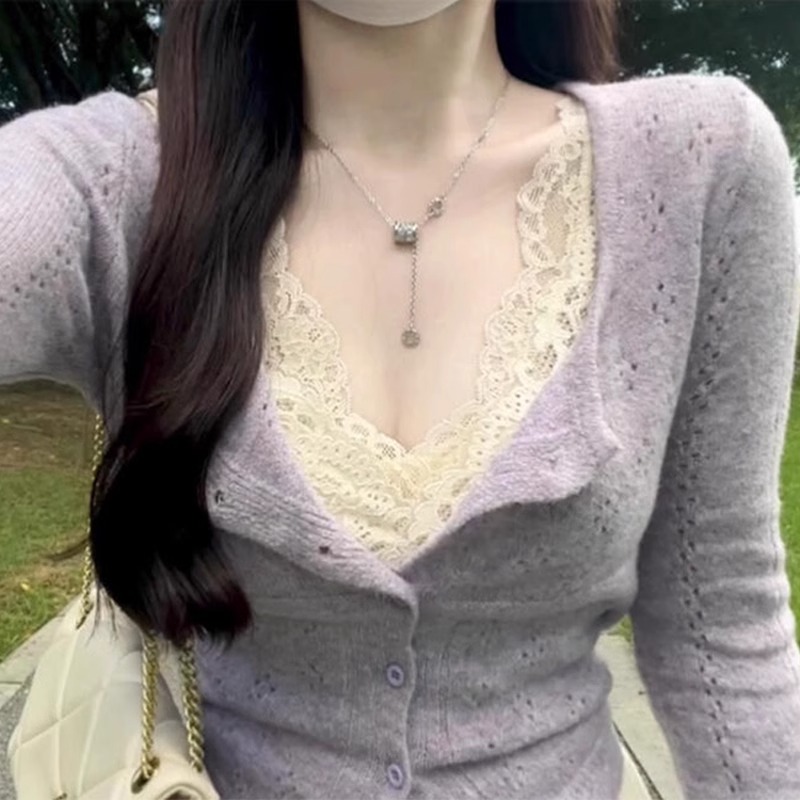 纯欲风紫色V领长袖t恤辣妹上衣