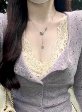 纯欲风紫色V领长袖t恤女秋季2025新款内搭修身收腰设计感辣妹上衣