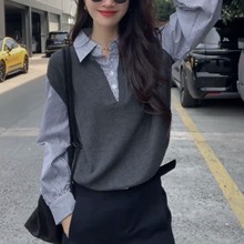 假两件长袖衬衫女高级感巨好看的设计感小众早秋韩系chic别致上衣