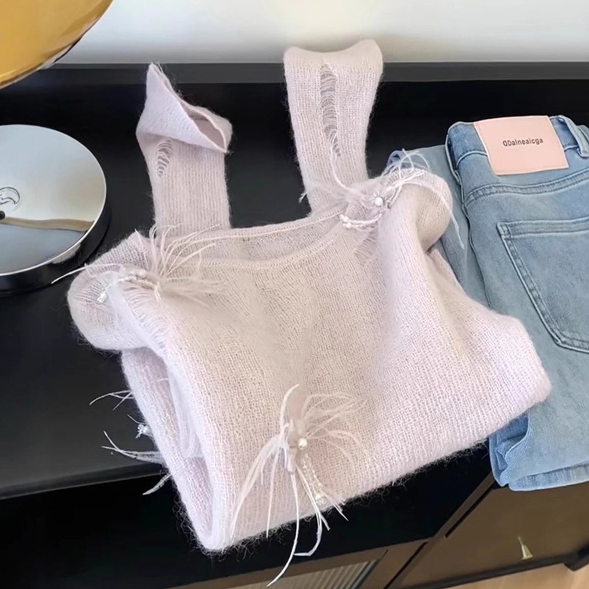 钉珠立体花朵针织衫女