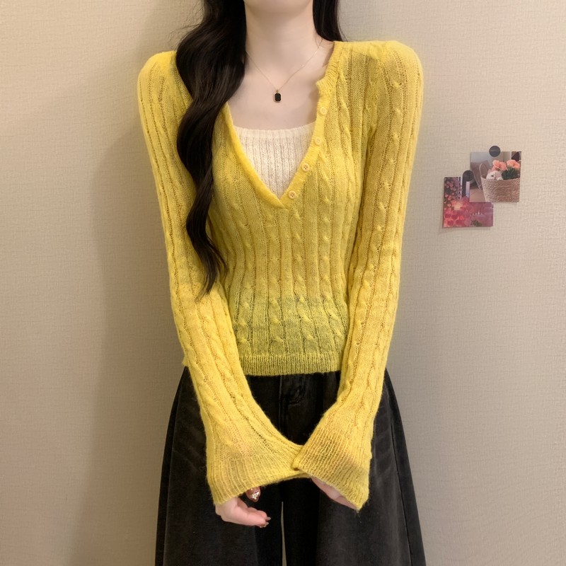 黄色假两件针织打底衫女早秋