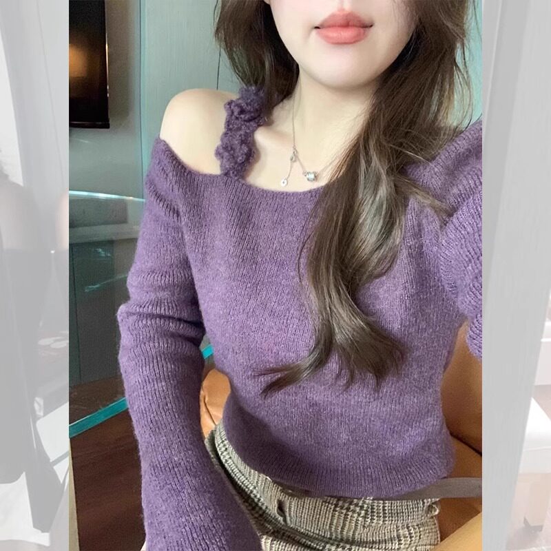 法式绝美紫色斜肩长袖针织打底衫女春秋不规则毛衣内搭锁骨小上衣,女装/女士精品,毛针织衫,淘宝优惠券,粉丝福利购,淘宝优惠卷