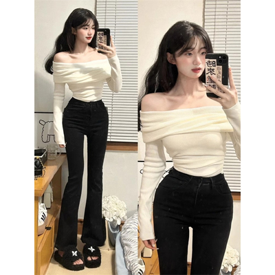 法式白色一字肩针织衫女短款上衣