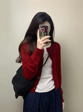 气质慵懒感红色针织开衫女春秋季短款高级感外搭内搭挂脖背心上衣