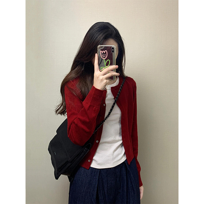 红色针织开衫女内搭挂脖背心上衣