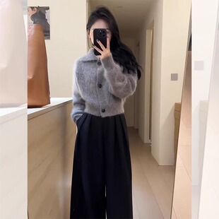 马海毛翻领短款加厚开衫毛衣外套女秋冬韩系慵懒风软糯针织衫上衣