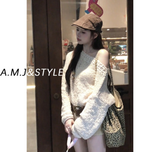 外穿斜肩上衣 宽松显瘦针织衫 韩系慵懒风软糯毛衣女秋冬季 2025新款