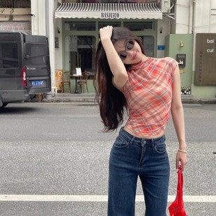 短款 美式 修身 辣妹微透网纱红色格子正肩短袖 甜辣小上衣 T恤女夏季