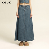 明星同款 CGUK 复古做旧牛仔半身长裙 牛仔裙 复古长裙