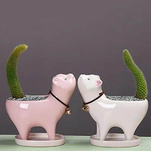 2 Piece Cat-Planter Ceramic Plant Pots White & Pink
