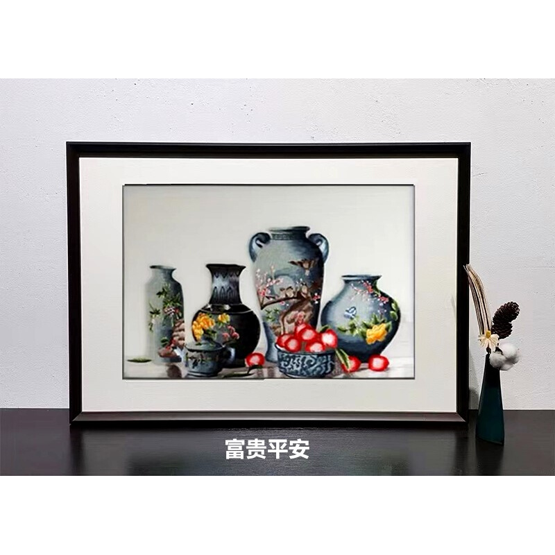 带框餐厅画五福临门客厅苏绣装饰画沙发背景墙成品新中式玄关刺绣图片