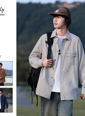 CetKy春秋季条纹国潮简约休闲衬衫男士开衫百搭复古长袖衬衣外套