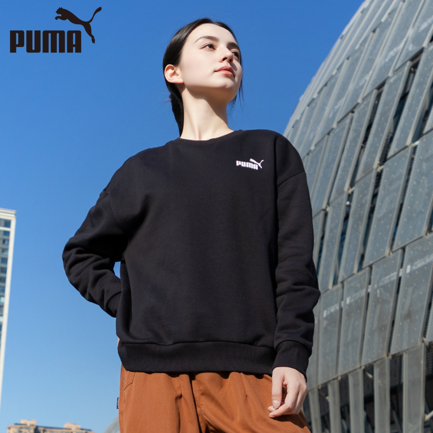 PUMA黑色圆领抓绒上衣