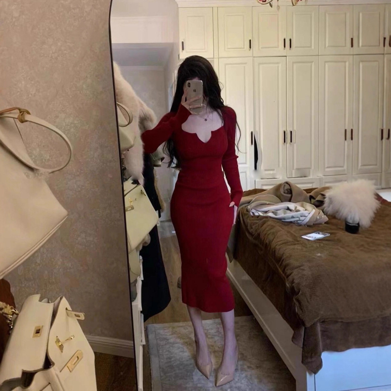 气质方领修身显瘦包臀连衣裙女装2025秋季中长款打底裙针织毛衣裙