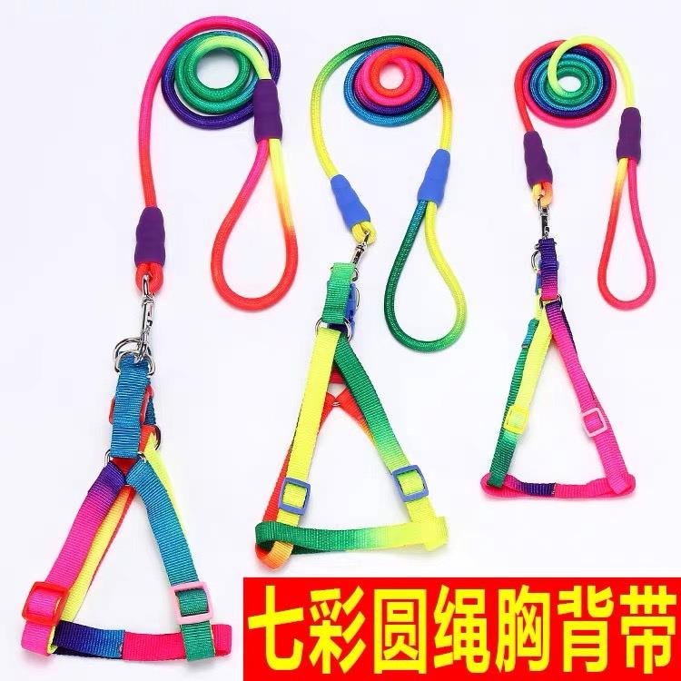 狗狗牵引绳七彩胸背带家用户外狗链子泰迪小型犬圆绳牵引带溜狗绳
