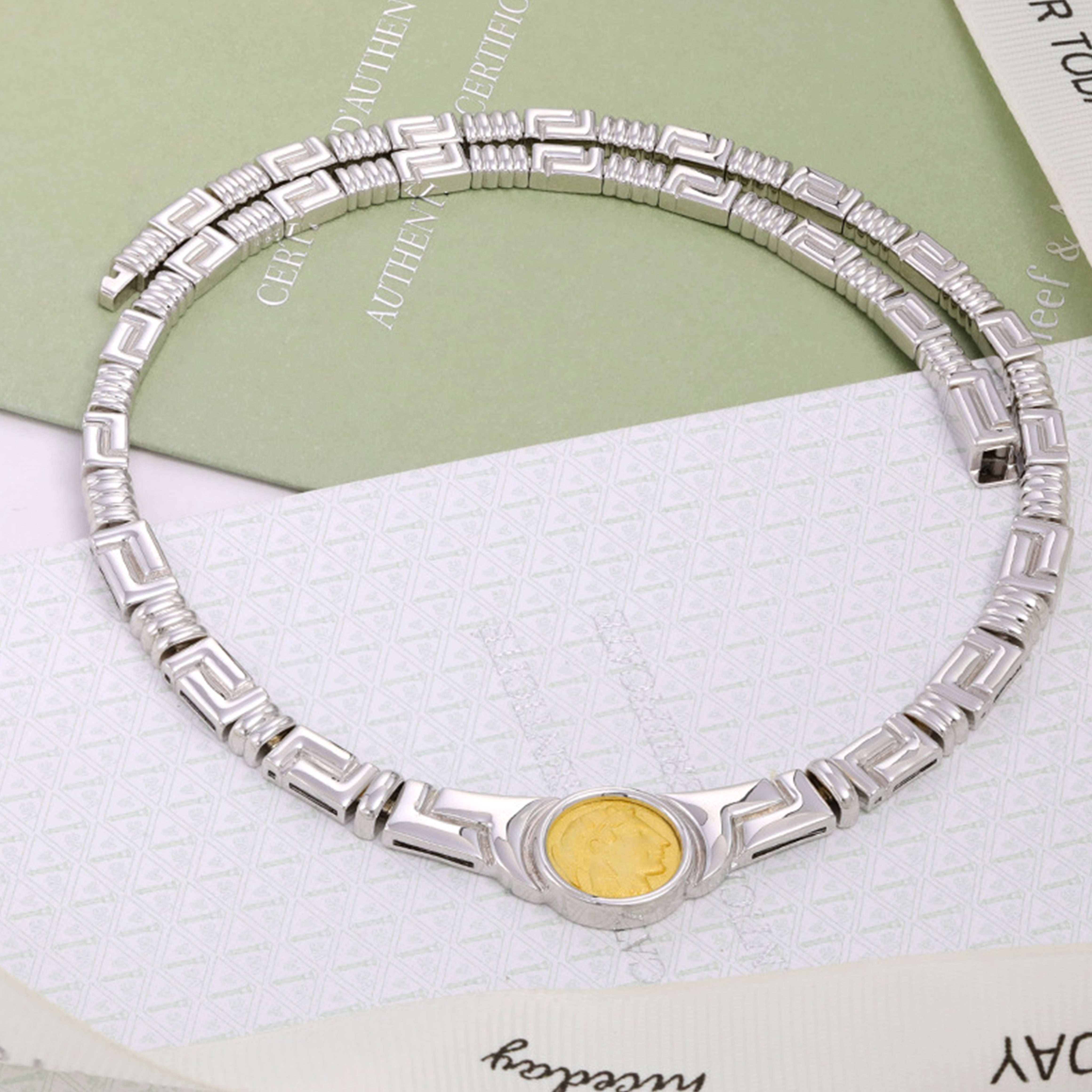 专注s925纯银精工！古币L型纹项链夸张锁骨链晚宴聚会银色锁骨链