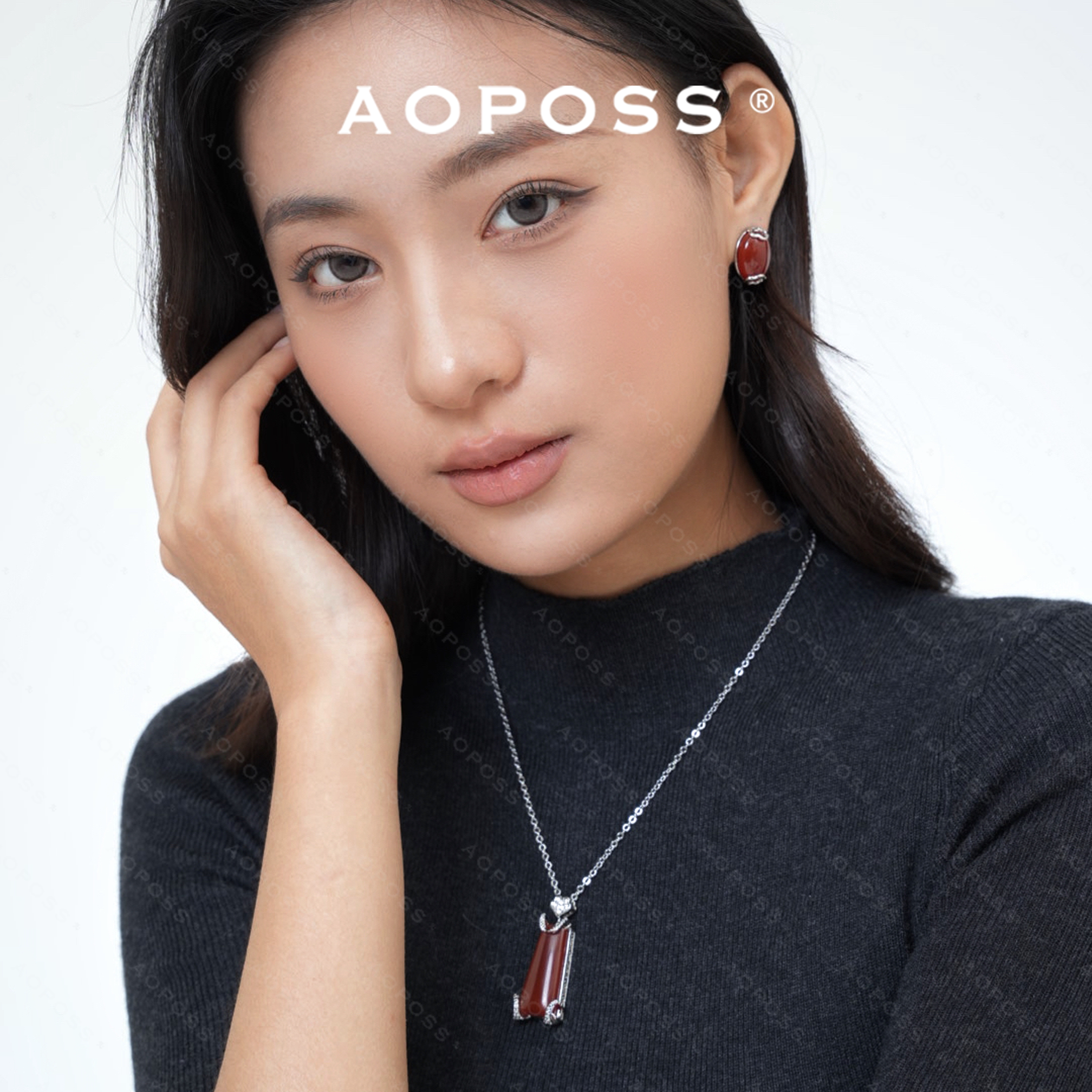 AOPOSS白姿[红妆]耳钉项链女款原创设计红色镶嵌新中式气质套装