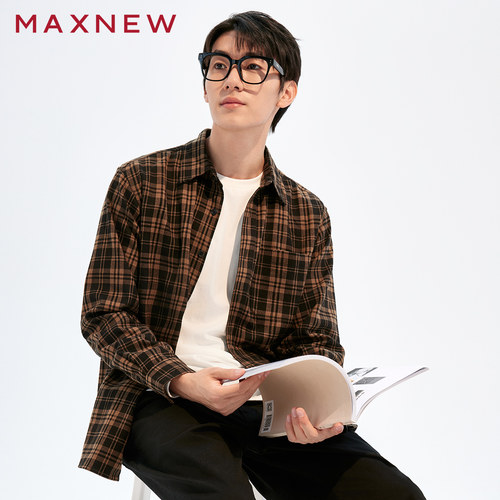 【门店同款】马恩MAXNEW男装冬季法兰绒格纹长袖衬衫男款经典翻领