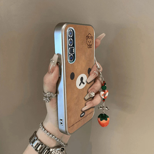 可爱棕熊适用OPPOReno3Pro手机壳新款PCRM00防摔镜头全包男女挂绳电镀外壳创意保护套高级感时尚个性小众情侣