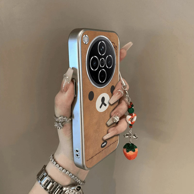 可爱棕熊适用OPPOFindX8手机壳新款PKB110防摔镜头全包男女带挂绳电镀外壳创意保护套高级感时尚个性小众情侣