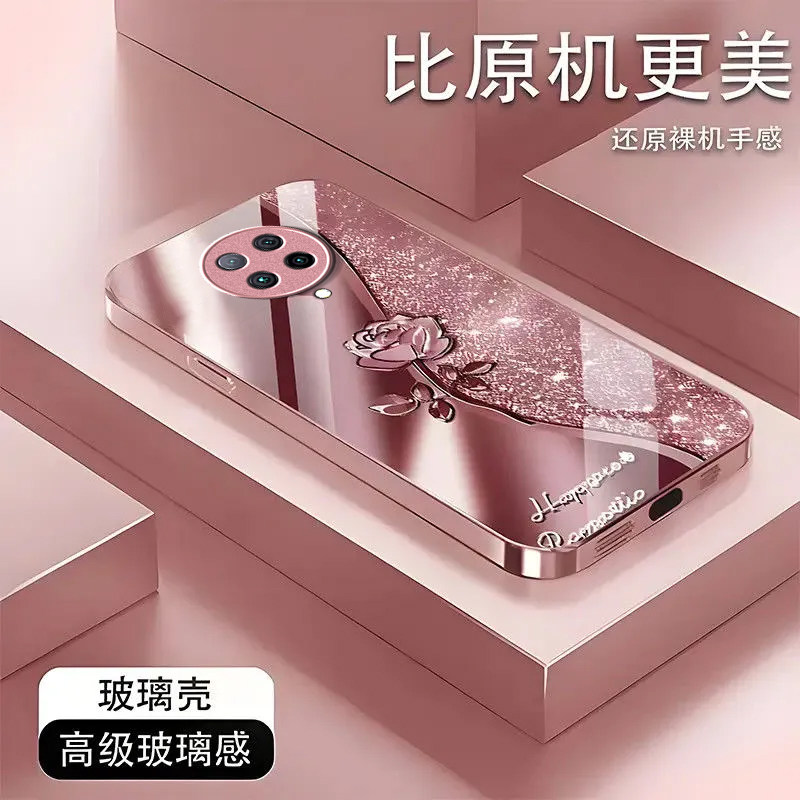 璀璨玫瑰适用红米K30Pro变焦版手机壳新款防摔镜头全包男女挂绳液态玻璃保护套高级感时尚硬外壳个性小众情侣