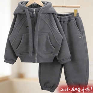 儿童冬套装仿羊驼绒一体男女童2026新韩版加厚红色卫衣外套两件套