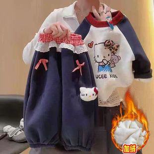 女童冬季套装2025中小童插肩袖kt猫加绒舒适卫衣保暖卫裤两件套潮